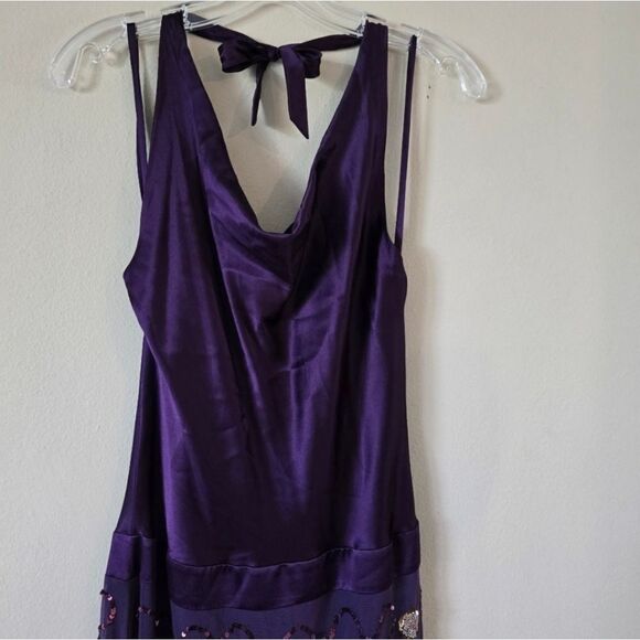 Women's Midi Dress Purple Embellished Size Medium Silk Halter Neck - Picture 3 of 7